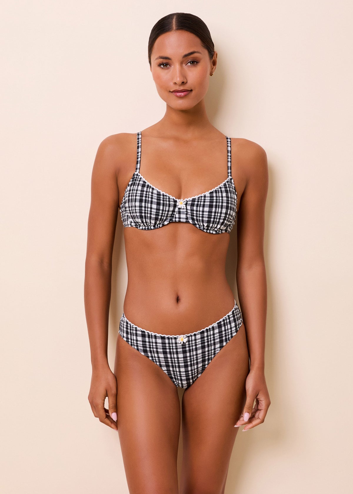 Solid & Striped Daphne Bikini Top Puckered Plaid in Noir