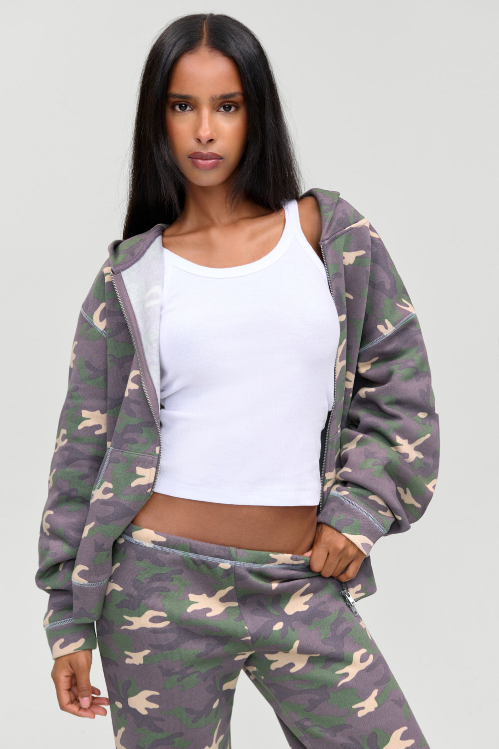 Frankie's Bikinis Drew Terry Zip Up Hoodie in Classic Camo