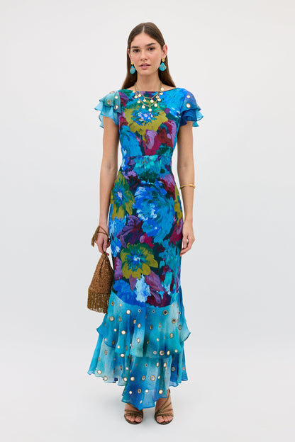 RIXO Ordinia Dress in Jessica Bouquet Mix Blue
