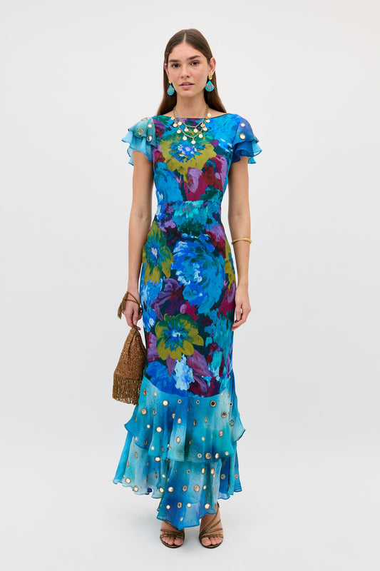 RIXO Ordinia Dress in Jessica Bouquet Mix Blue