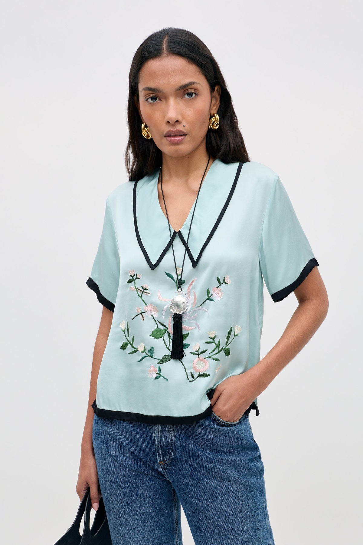 RIXO Nicolina Top in Frida Embroidery Mist