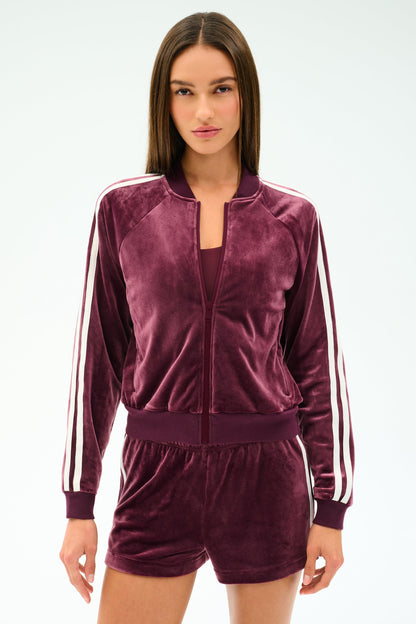 Splits59 Heritage Velour Bomber in Dark Cherry/White