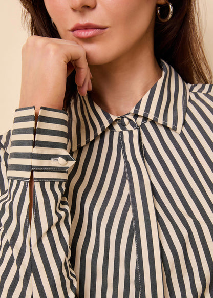 Solid & Striped Tinsley Tie Button Down Poplin Top in Noir / Khaki Stripe