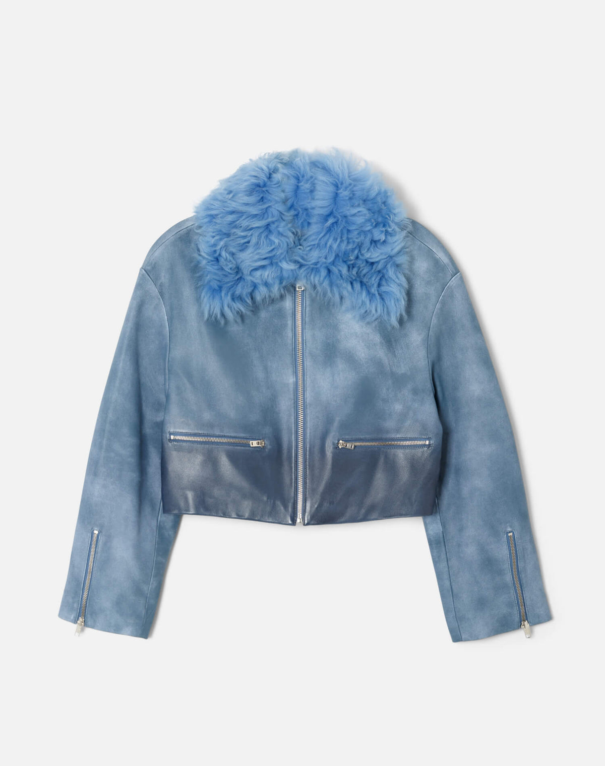 RE/DONE Distressed Aviator Shearling Jacket in Stone Blue