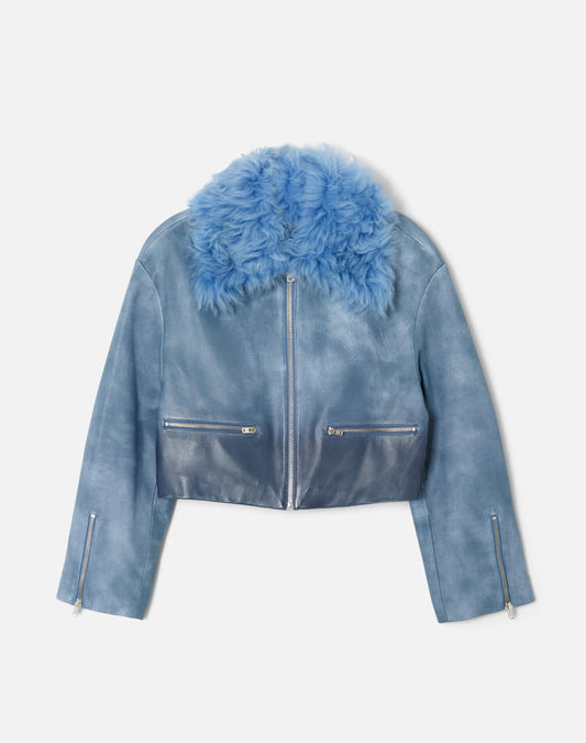 RE/DONE Distressed Aviator Shearling Jacket in Stone Blue