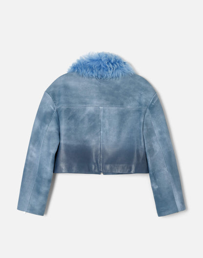 RE/DONE Distressed Aviator Shearling Jacket in Stone Blue