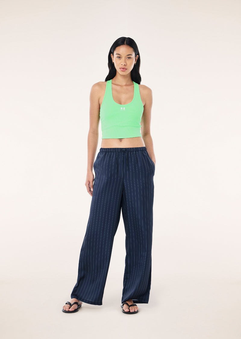 P.E Nation Balance Satin Pant in Dark Navy Pinstripe