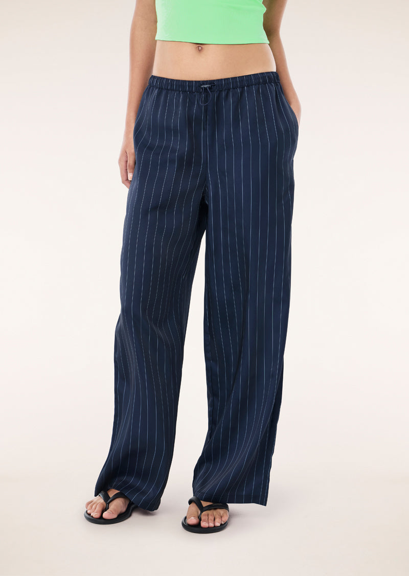 P.E Nation Balance Satin Pant in Dark Navy Pinstripe