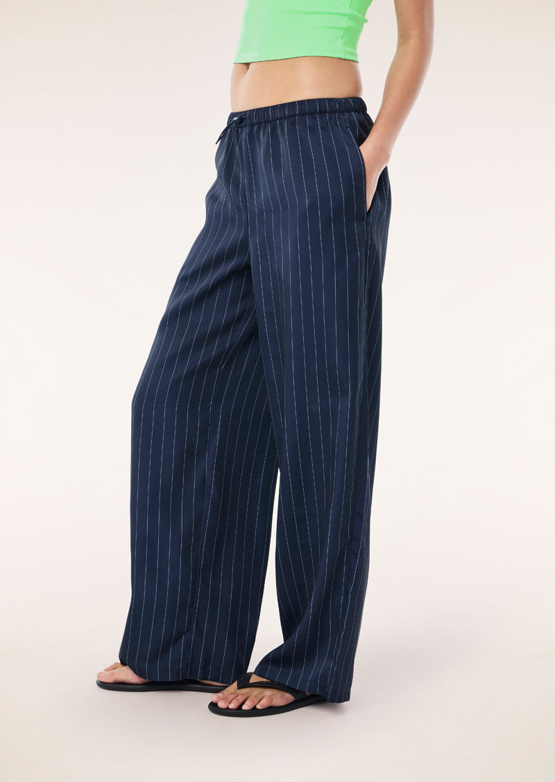 P.E Nation Balance Satin Pant in Dark Navy Pinstripe