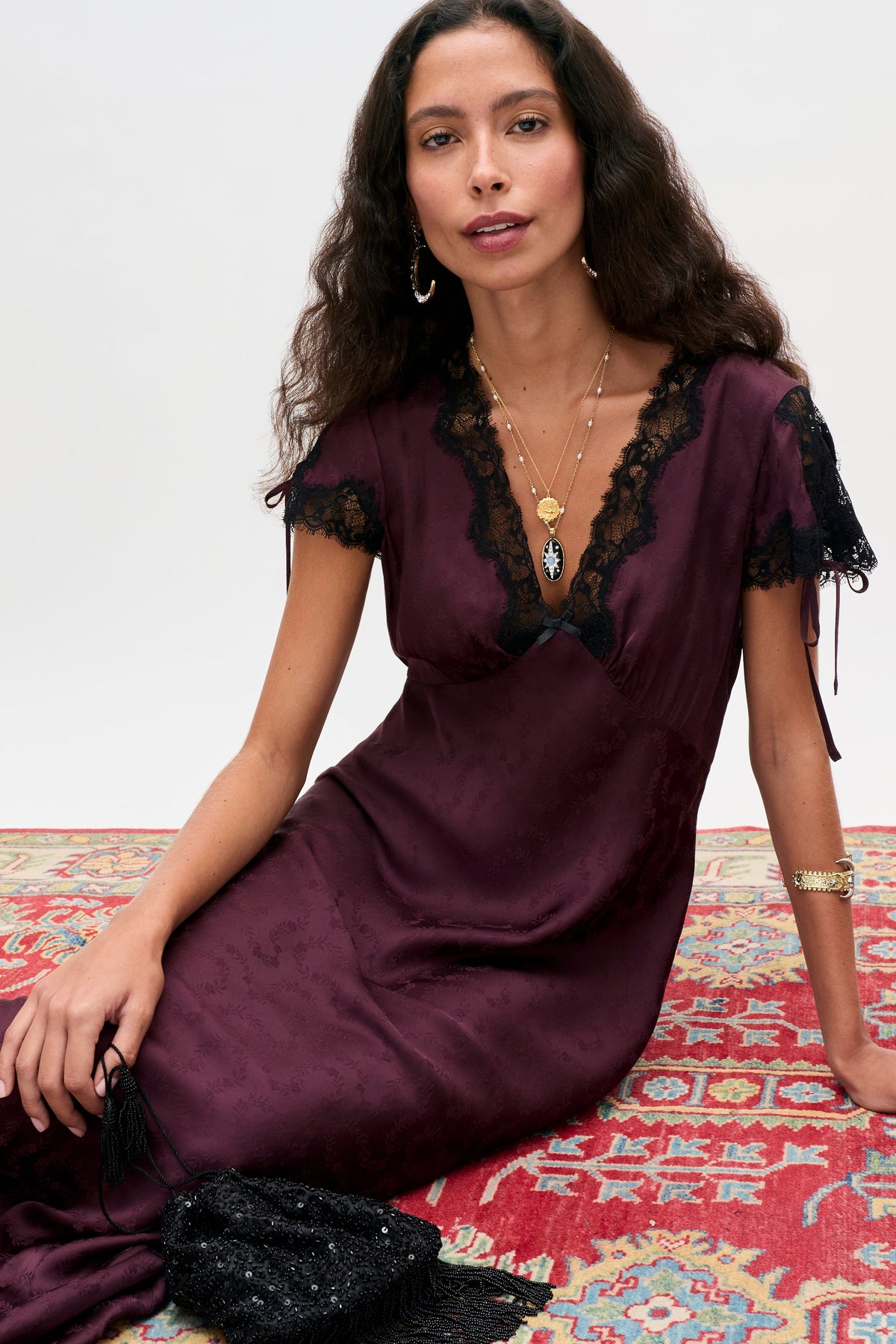 RIXO Fern Dress in Floral Trail Jacquard Wine