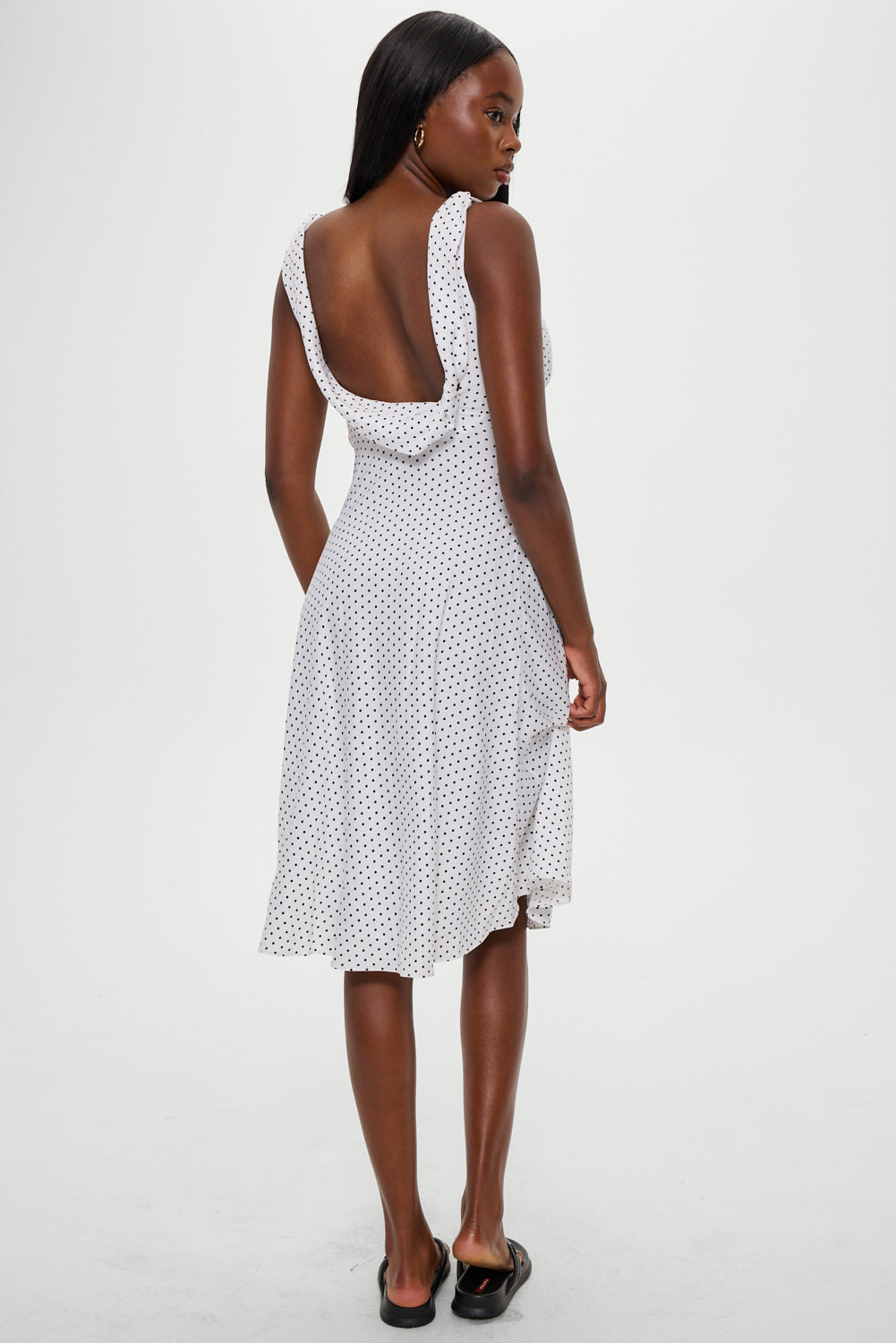 Frankie's Bikinis Aurora Satin Midi Dress in White Polka Dot
