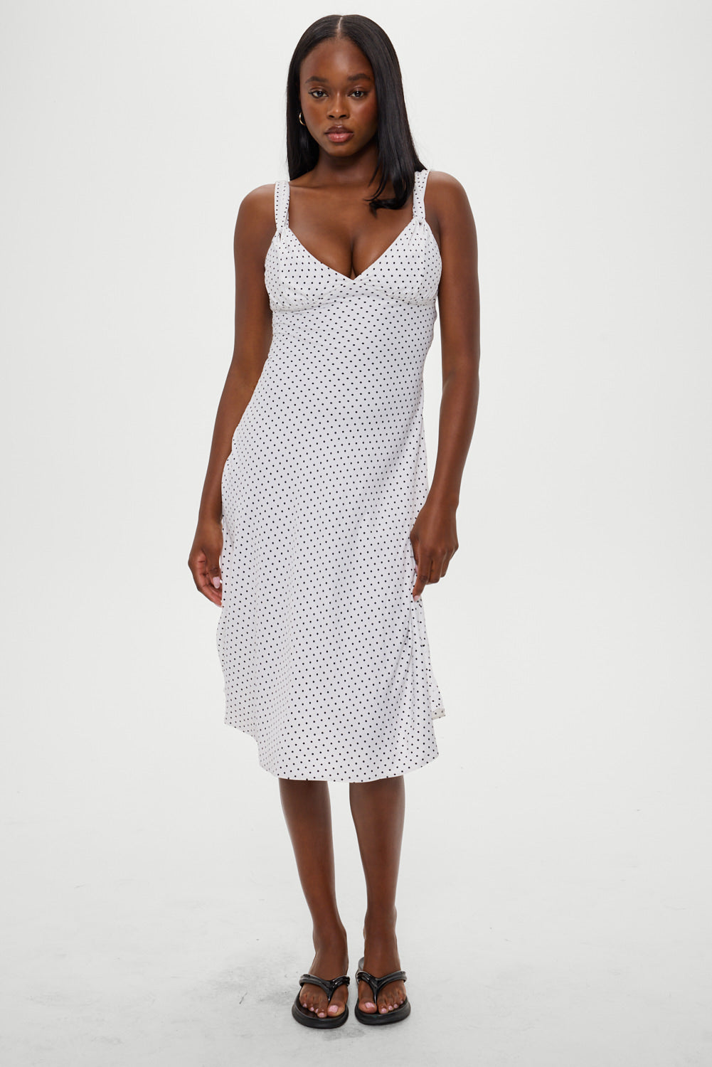 Frankie's Bikinis Aurora Satin Midi Dress in White Polka Dot