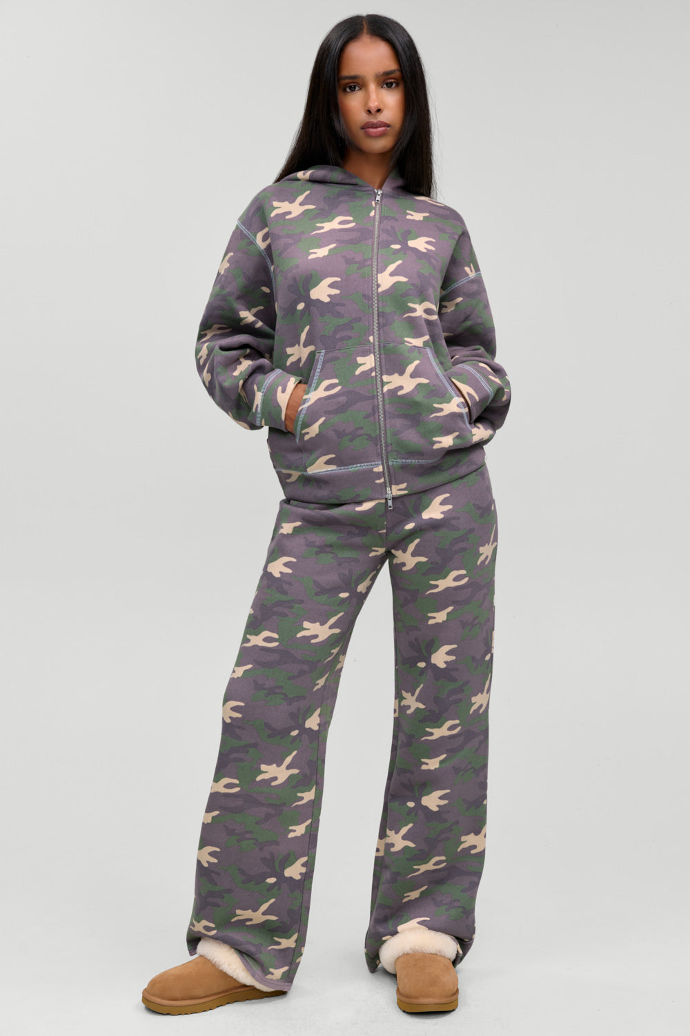 Frankie's Bikinis Drew Terry Zip Up Hoodie in Classic Camo
