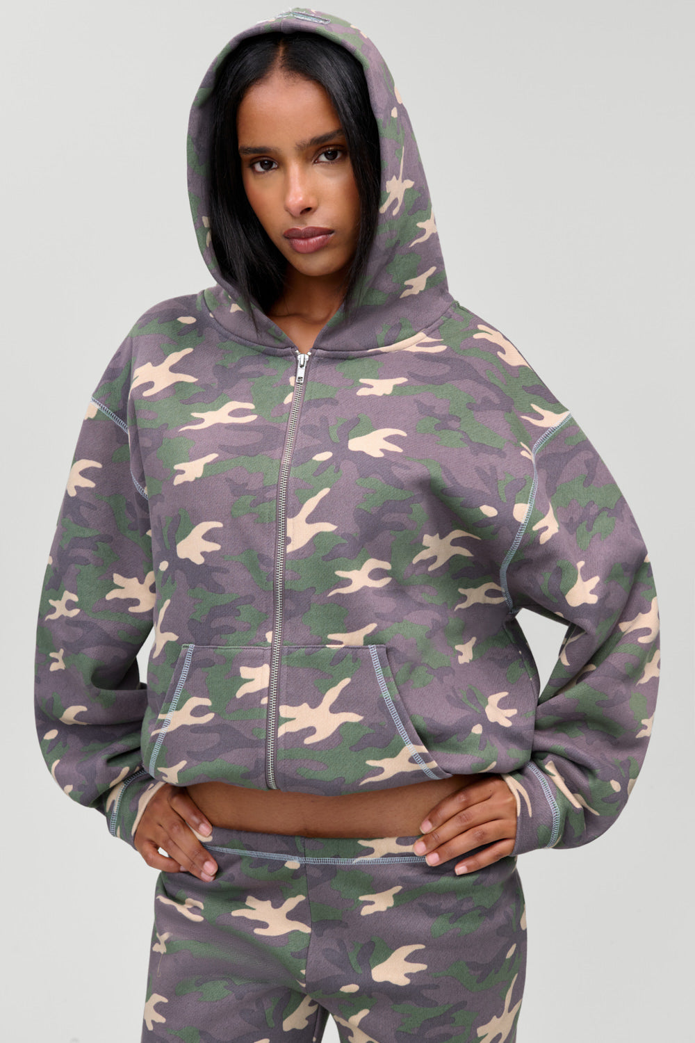 Frankie's Bikinis Drew Terry Zip Up Hoodie in Classic Camo