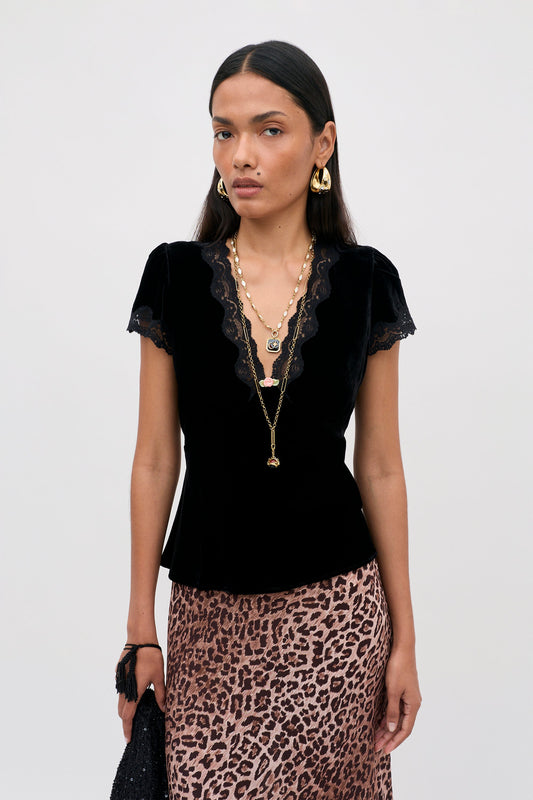 RIXO Karia Top in Black Velvet