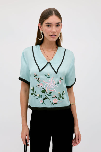 RIXO Nicolina Top in Frida Embroidery Mist