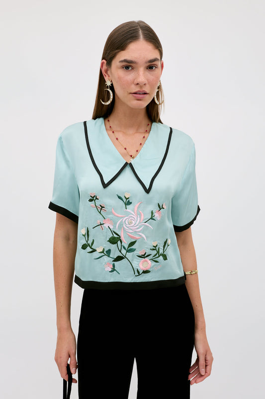 RIXO Nicolina Top in Frida Embroidery Mist
