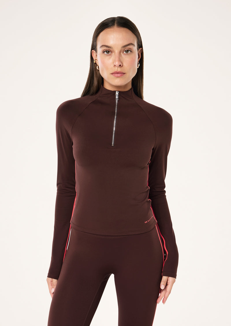 P.E Nation Routine Quarter Zip Long Sleeve in Mahogany/Diva Pink