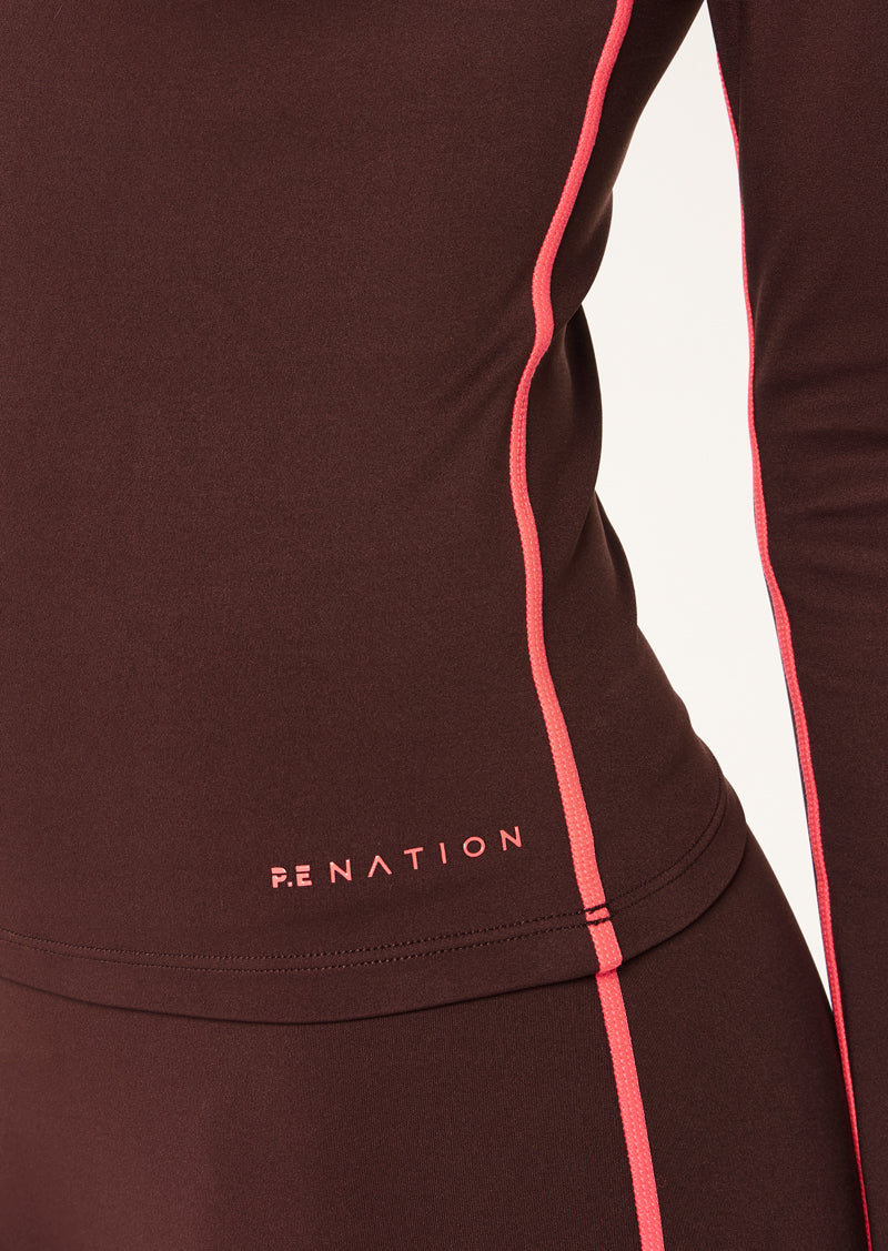 P.E Nation Routine Quarter Zip Long Sleeve in Mahogany/Diva Pink