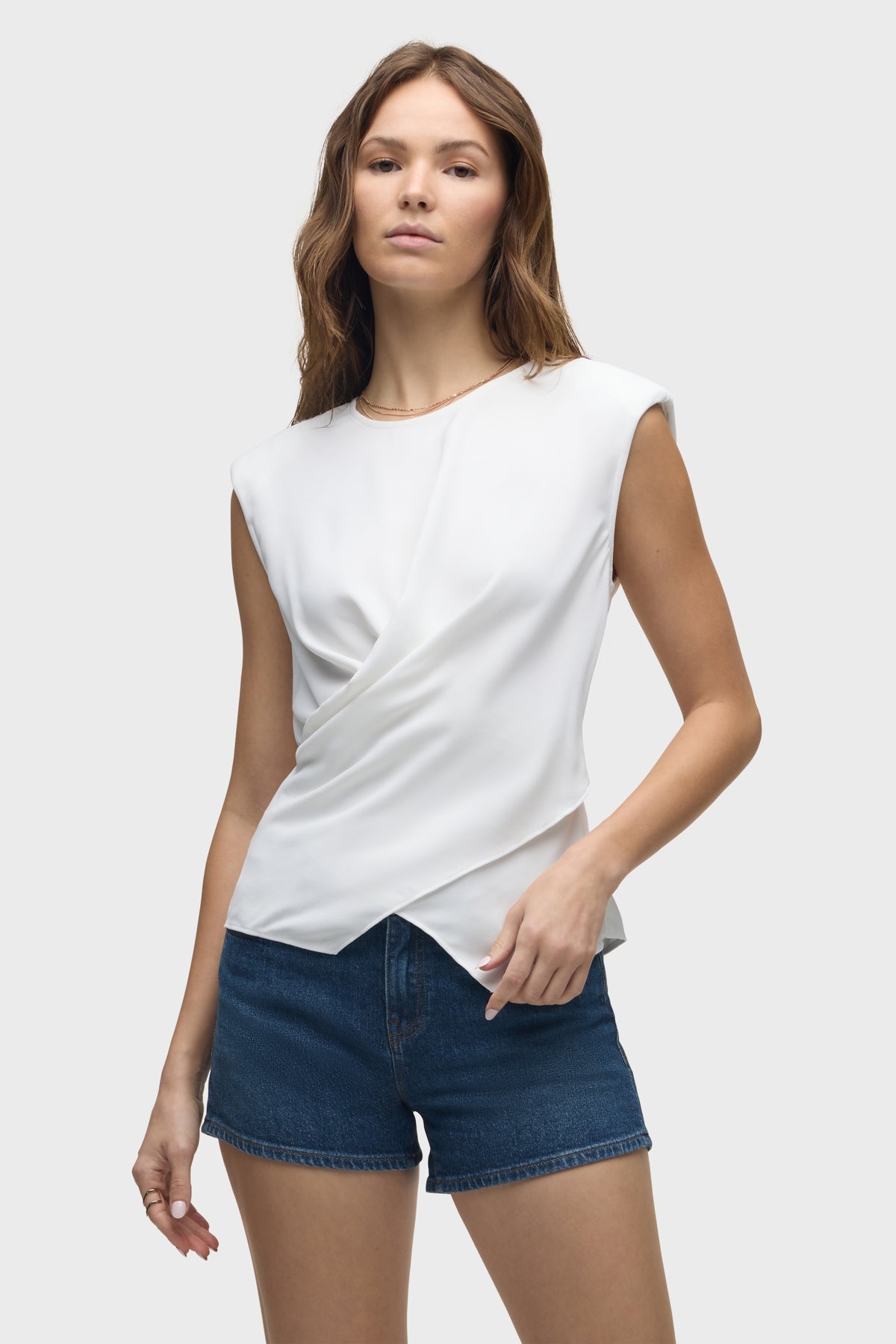 Hudson Shoulder Padded Wrap Sleeveless Tee in White