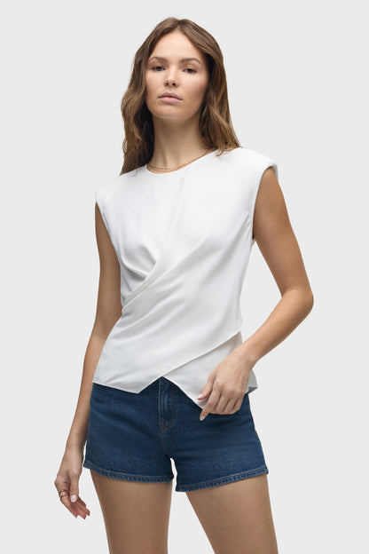 Hudson Shoulder Padded Wrap Sleeveless Tee in White