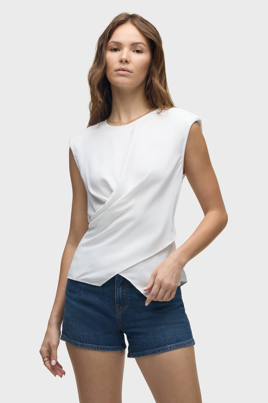 Hudson Shoulder Padded Wrap Sleeveless Tee in White