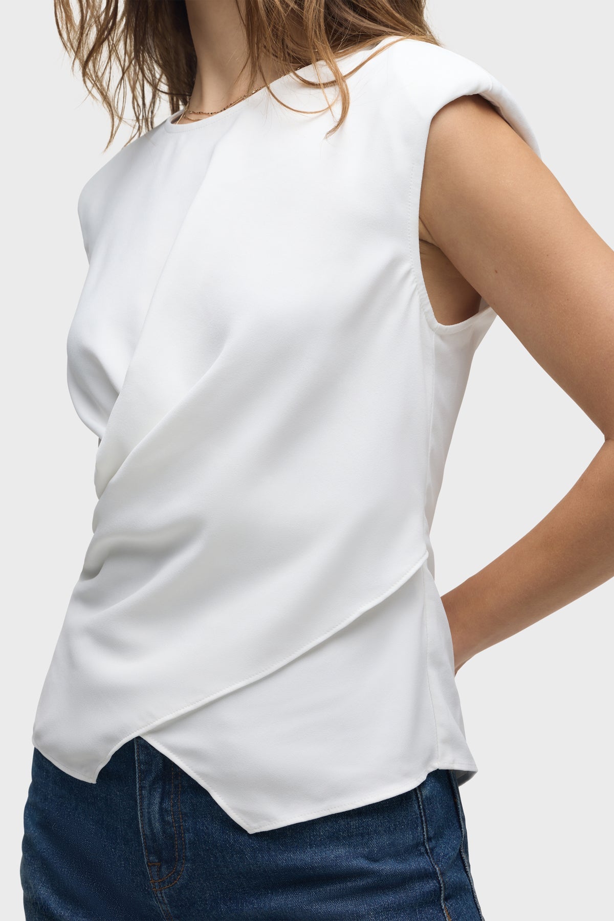 Hudson Shoulder Padded Wrap Sleeveless Tee in White