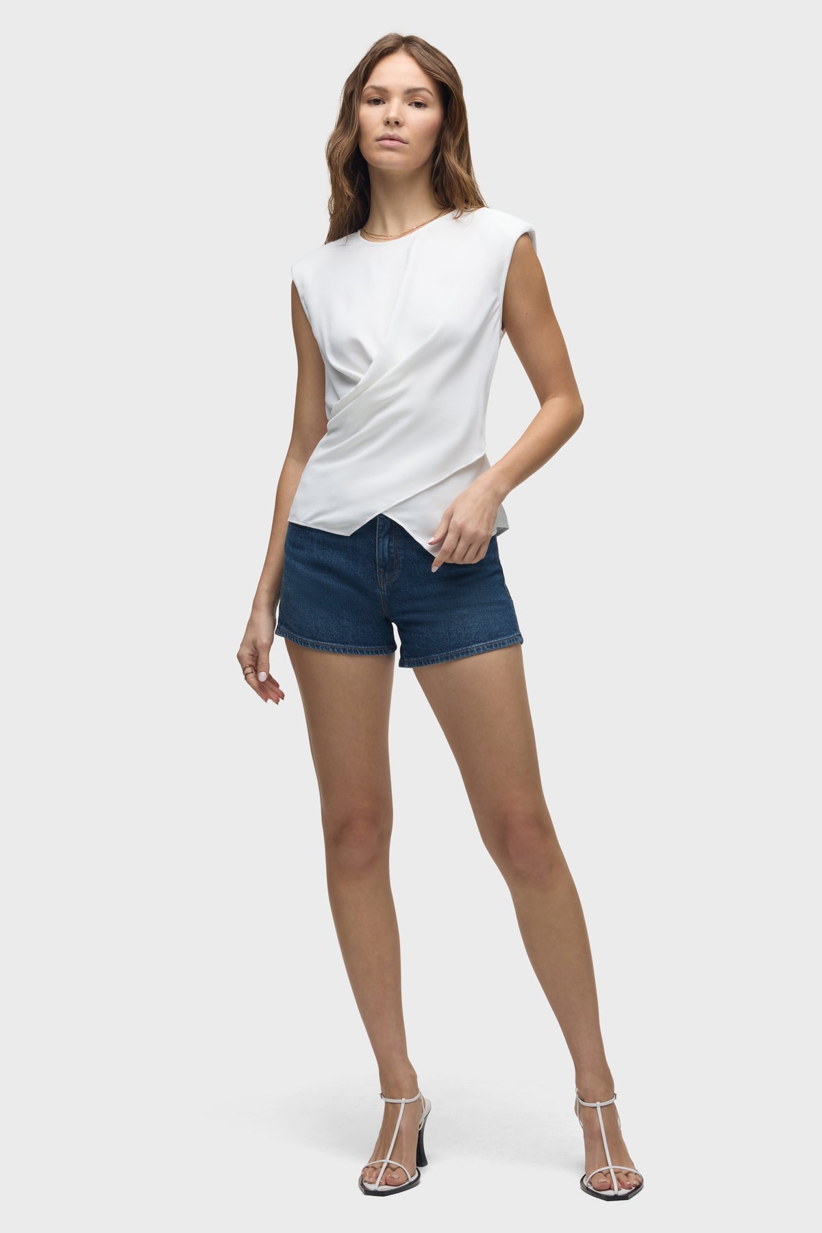 Hudson Shoulder Padded Wrap Sleeveless Tee in White