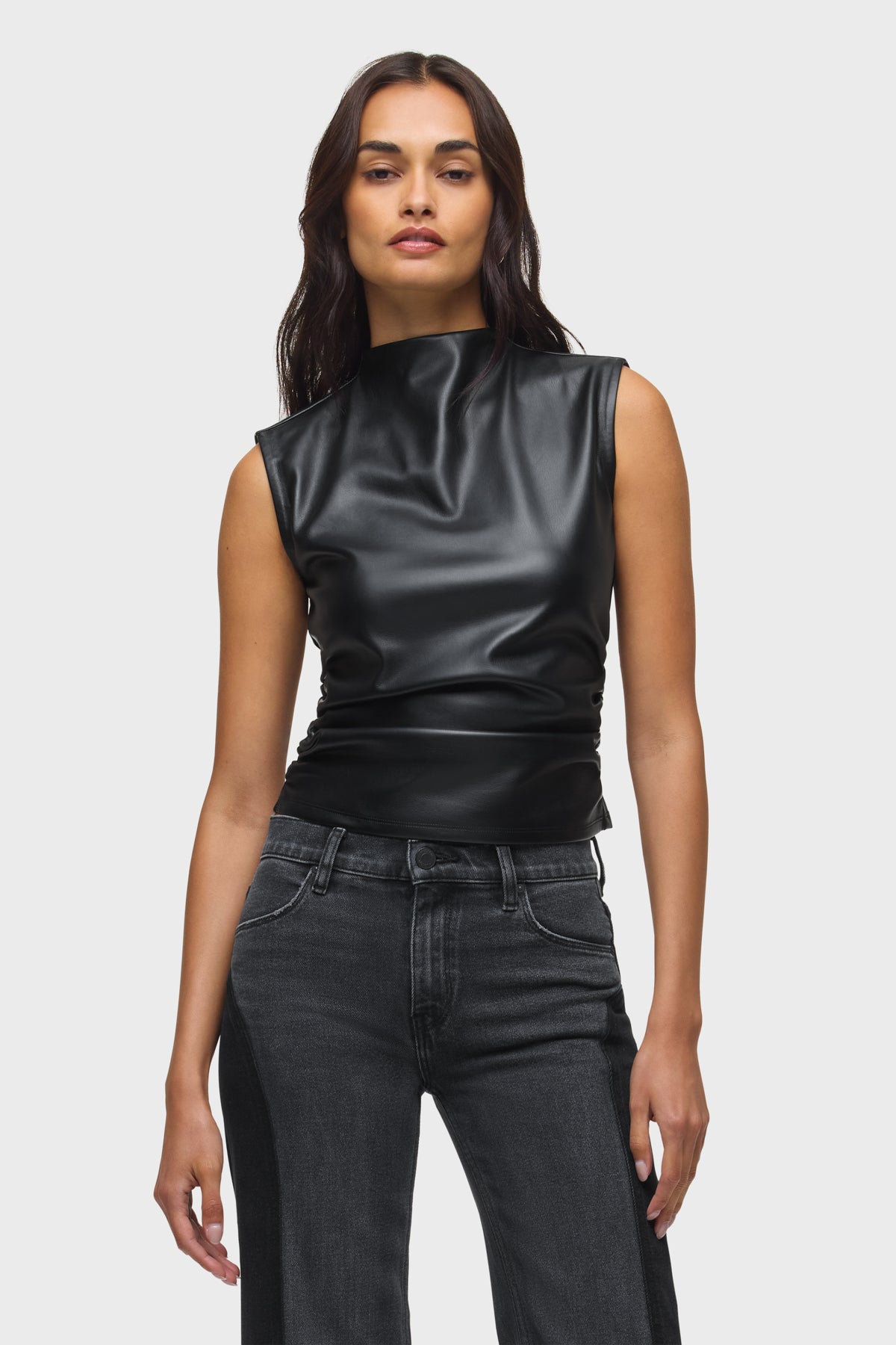 Hudson Vegan Leather Ruched Top in Black