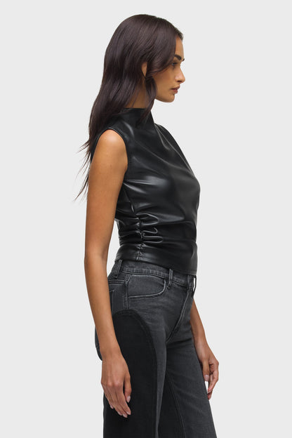 Hudson Vegan Leather Ruched Top in Black