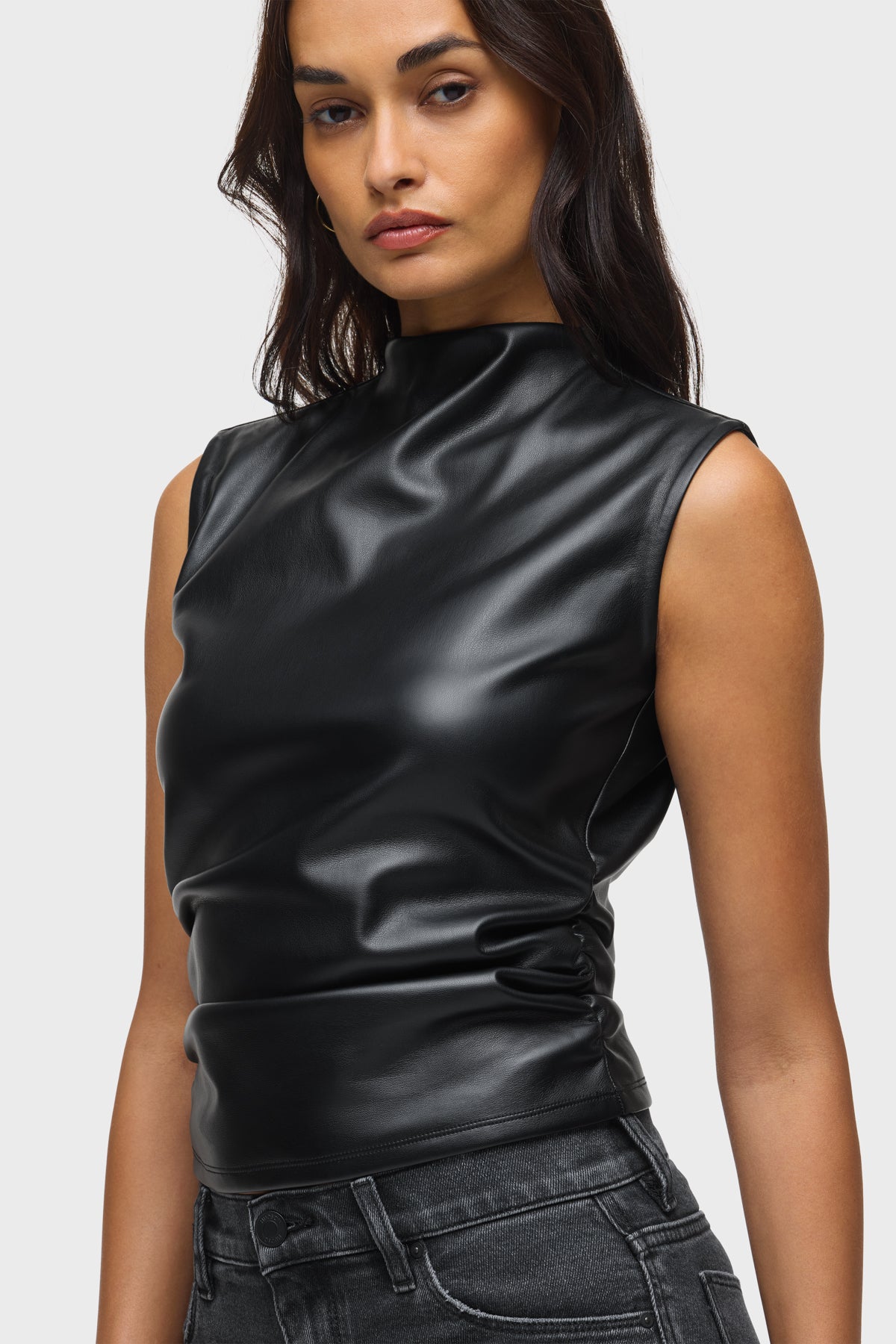 Hudson Vegan Leather Ruched Top in Black