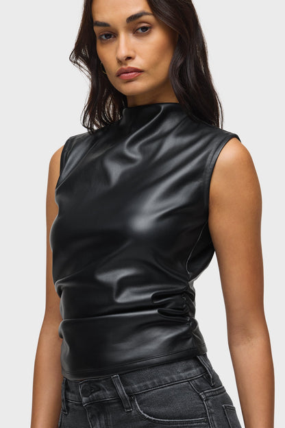 Hudson Vegan Leather Ruched Top in Black