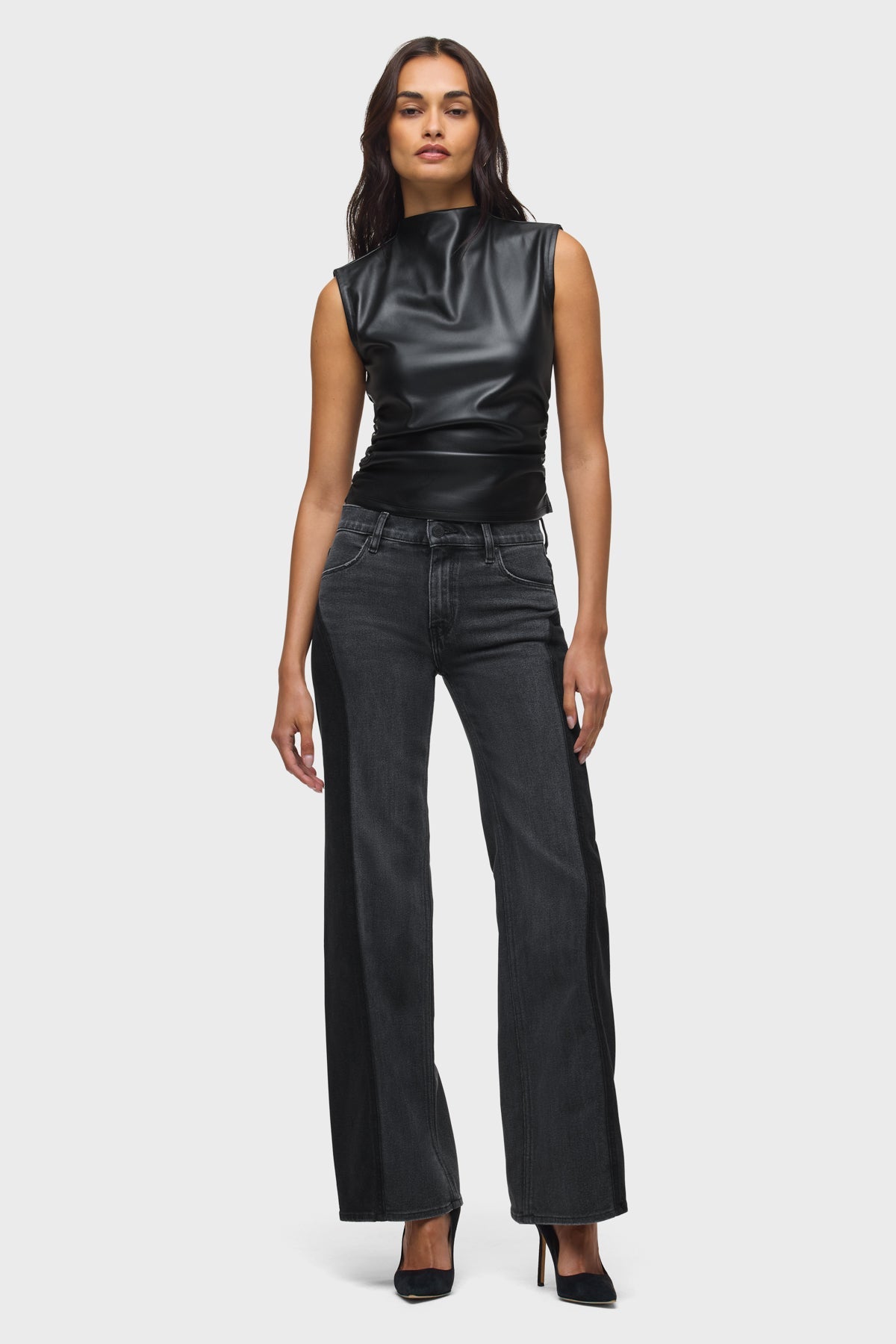 Hudson Vegan Leather Ruched Top in Black